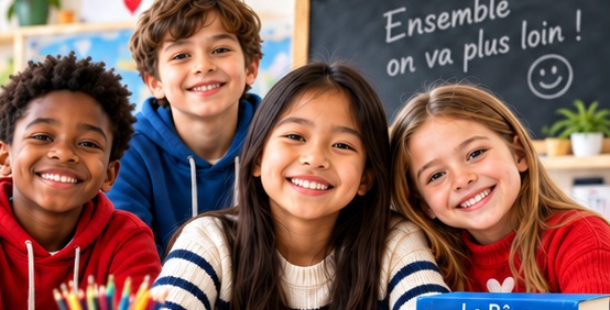 Four smiling children in front of a chalkboard with the French phrase Ensemble on va plus loin