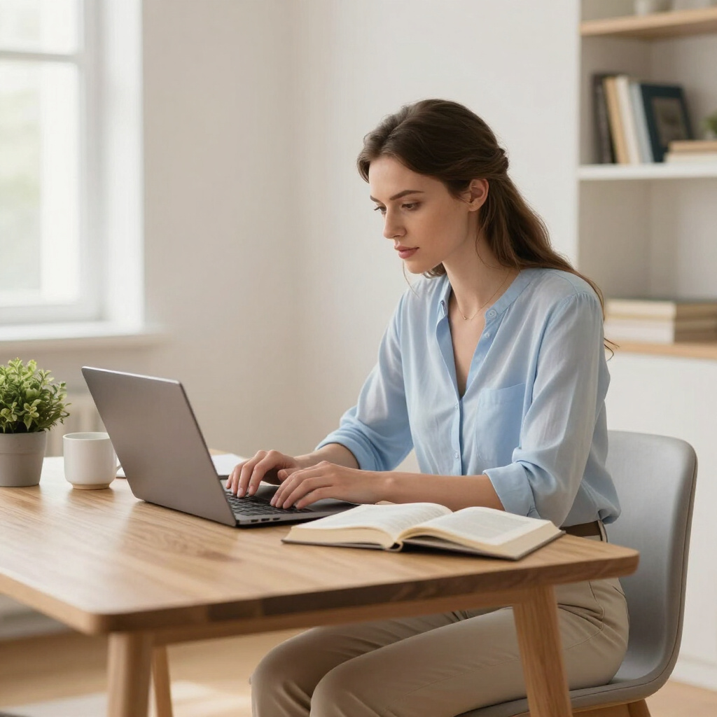A learner preparing at home with a laptop and a book